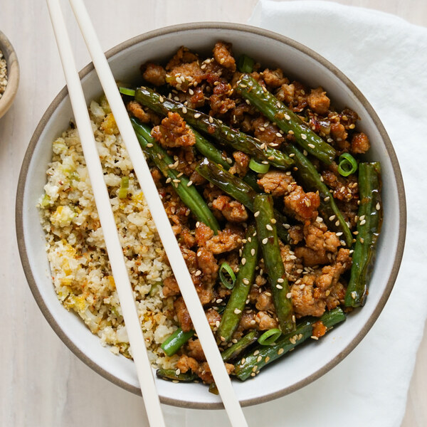 Ginger Pork & Green Bean Stir-Fry over Cauliflower Rice with Sesame