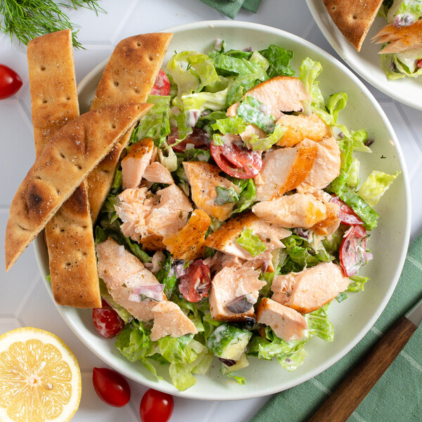 Greek Salmon Salad with Tomato, Olives, Yogurt Dressing & Breadsticks