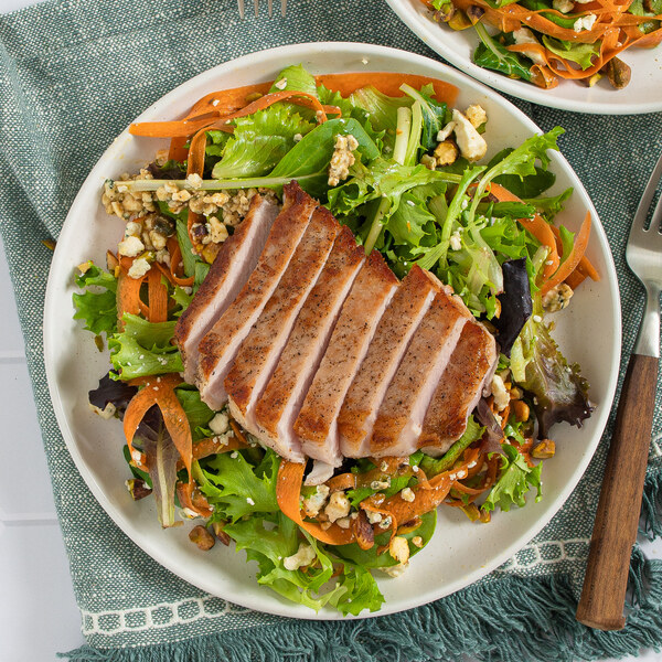 Seared Pork Salad with Carrots, Blue Cheese, Pistachios & Balsamic