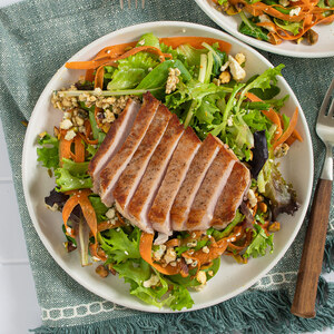Seared Pork Salad with Carrots, Blue Cheese, Pistachios & Balsamic
