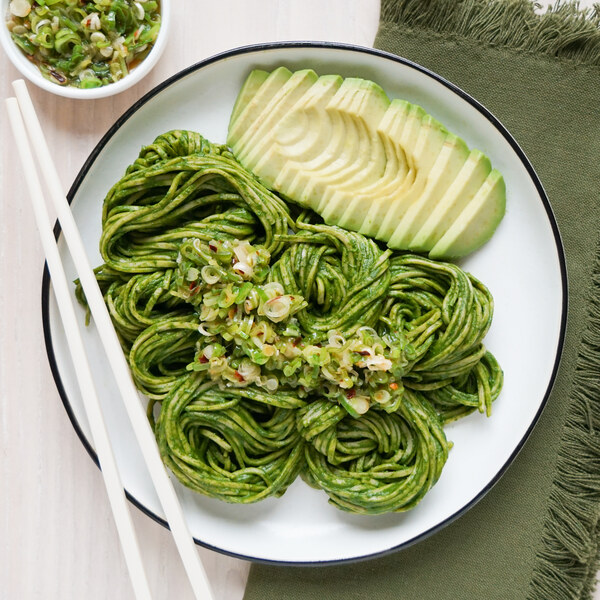 Soba Noodles with Garlicky Green Sauce, Scallion Oil & Avocado