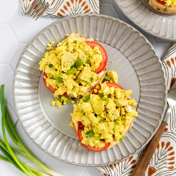 Open Face Turmeric Tofu Scramble Buns with Tomato & Curry Mayo