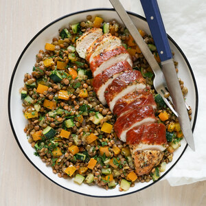 Prosciutto-Wrapped Chicken with Warm Lentil, Pepper & Zucchini Salad