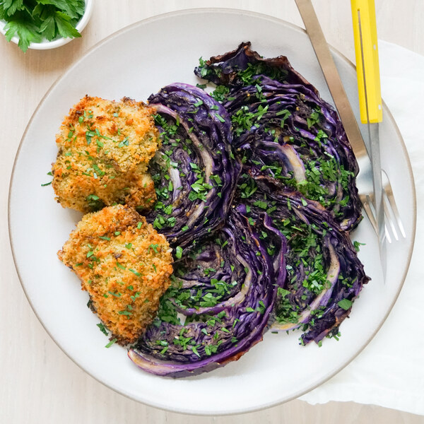 Crispy Chicken Thighs & Maple-Mustard Roast Red Cabbage with Parsley