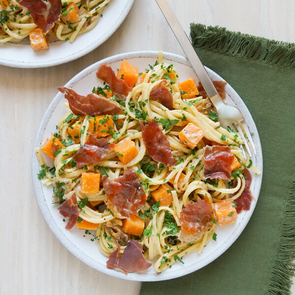 Creamy Linguine with Crispy Prosciutto, Squash, Fennel & Parmesan