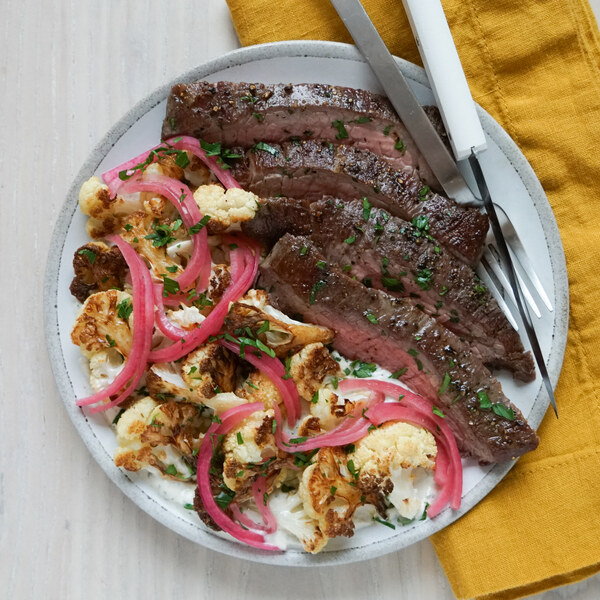 Flank Steak with Cauliflower, Pickled Onions & TahiniYogurt Sauce