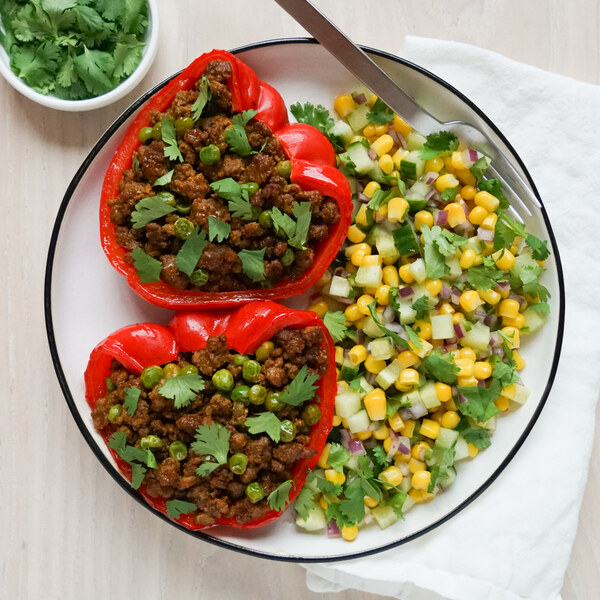 Stuffed Peppers with Spiced Indian Beef & Cucumber-Corn Salad