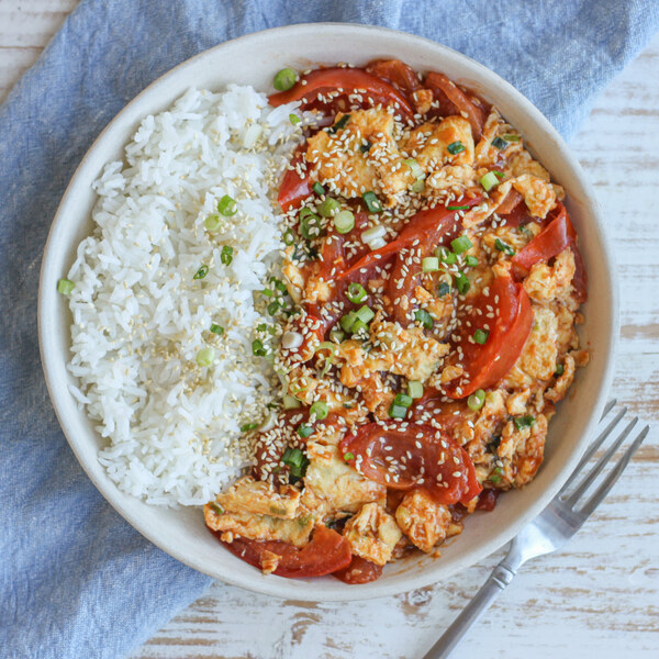 Chinese Egg, Tomato & Green Onion Stir-Fry with Sesame Seeds over Rice
