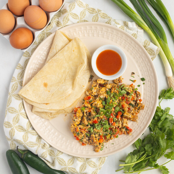 Mexican-Style Scrambled Eggs with Bell Pepper, Green Onion & Tortillas