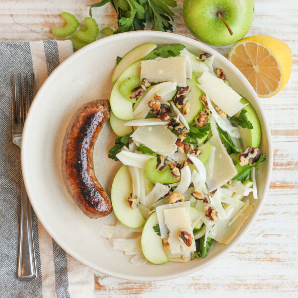 Pan-Fried Sausage with Fennel, Apple, Celery, Walnut & Parmesan Salad