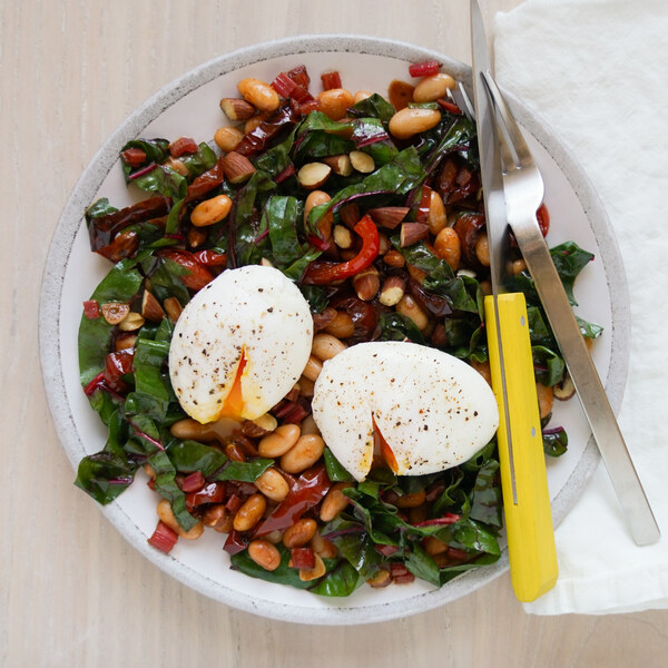 Garlicky Bean, Swiss Chard, Bell Pepper & Almond Sauté with Eggs