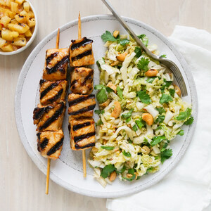 Grilled Spicy Asian Pork Skewers with Pineapple Salsa & Cabbage Slaw