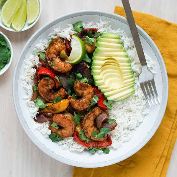 Sheet Pan Shrimp Fajita Rice Bowl with Avocado, Lime & Cilantro