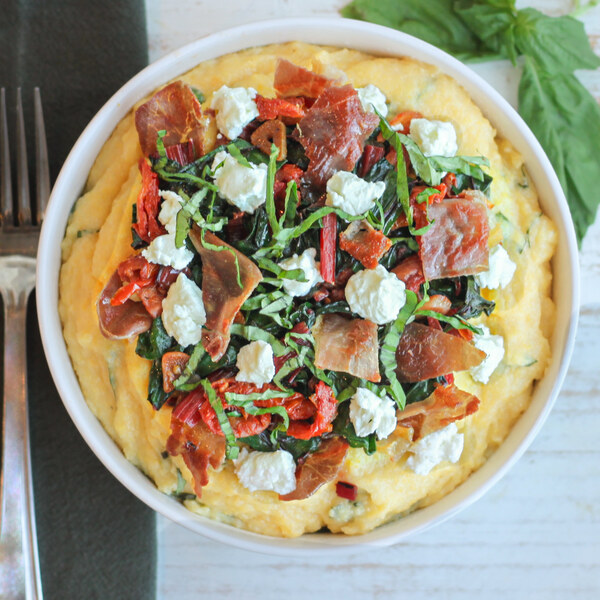 Polenta with Goat Cheese, Prosciutto, Swiss Chard & Sun-Dried Tomatoes