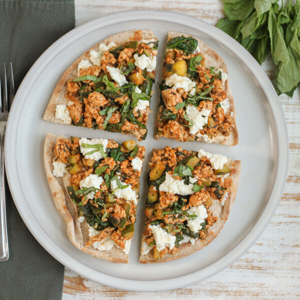 Italian Inspired Turkey-Ricotta Pita Pizza with Zucchini & Spinach