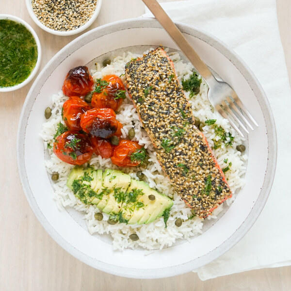 "Everything Spice" Baked Salmon Rice Bowl with Avocado & Tomatoes