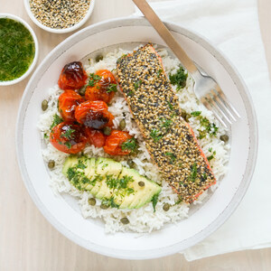 "Everything Spice" Baked Salmon Rice Bowl with Avocado & Tomatoes