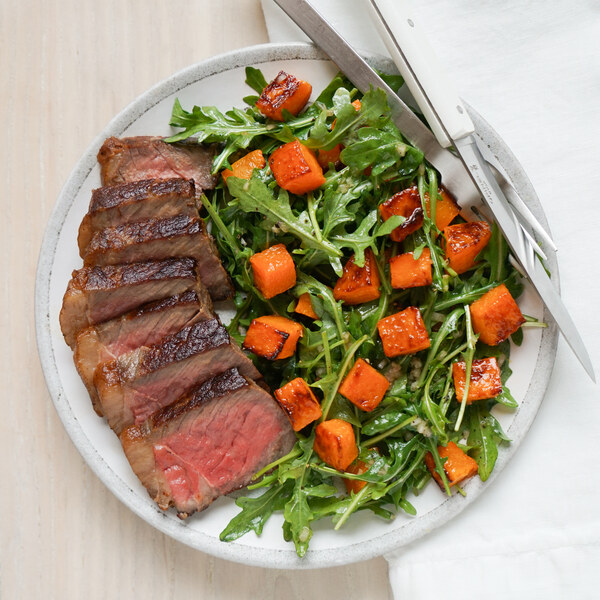 Strip Steak with Roasted Hot Honey Butternut Squash & Arugula Salad