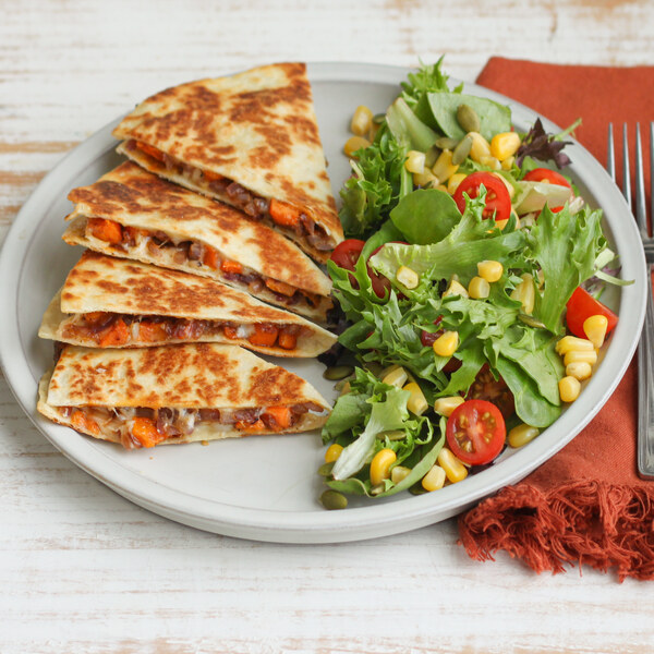 Sweet Potato-Onion Quesadilla with Corn, Tomato & Lime Mixed Greens