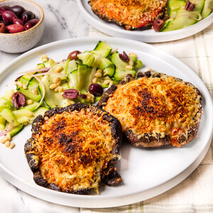 Portobello Mushroom "Parmesan" with Zucchini, Olive & Pine Nut Salad