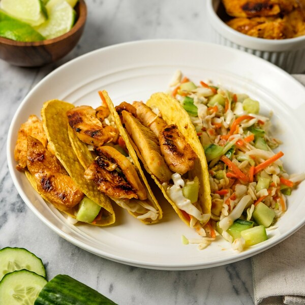 Thai Chicken Tacos with Sesame-Ginger Cucumber & Cabbage Salad