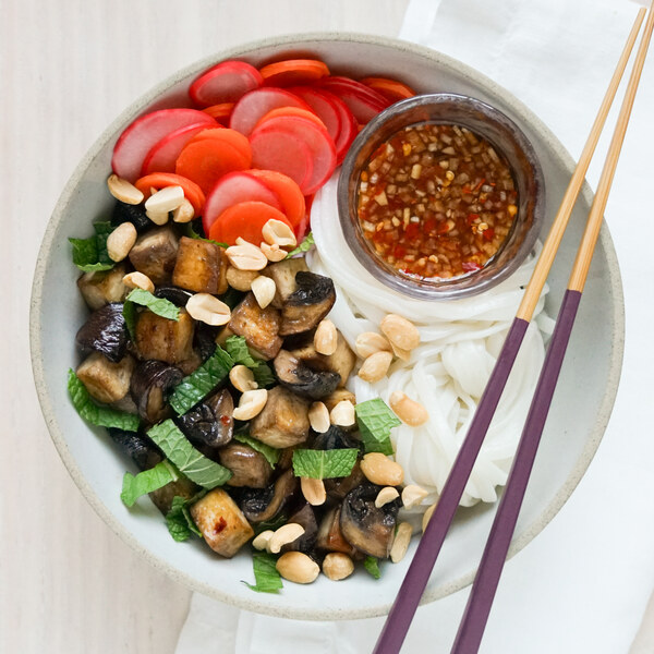 Vietnamese-Style Noodle Bowl with Tofu, Mushrooms & Pickled Veggies