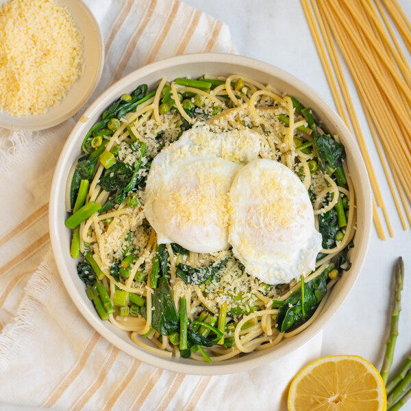 Spaghetti with Spinach, Peas, Asparagus, Poached Eggs & Parmesan