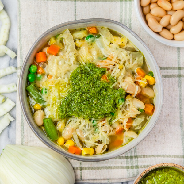 Fennel-White Bean Soup with Mixed Vegetables, Basil Pesto & Parmesan
