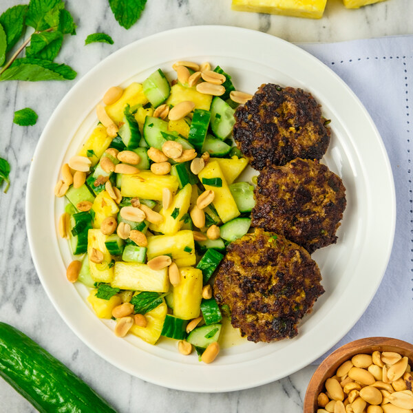 Thai Beef Patties with Minty Pineapple-Cucumber Salad & Peanuts