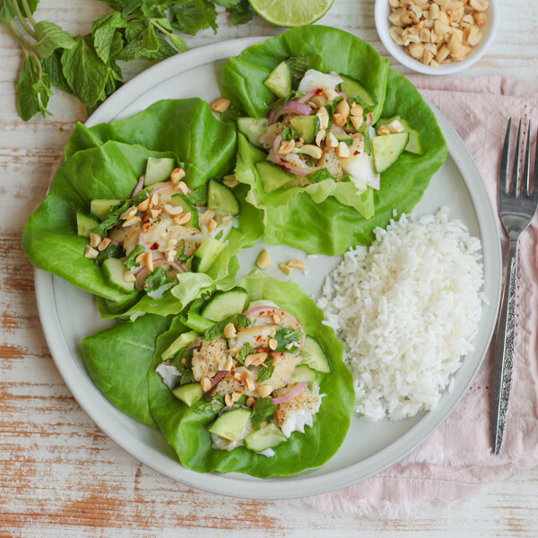 Spicy Thai Cod Lettuce Cups with Cucumber, Herbs, Peanuts & Rice ...