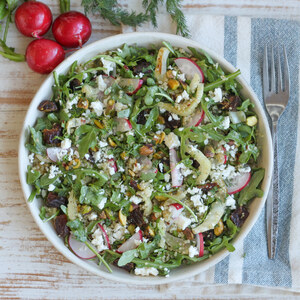 Roasted Fennel-Quinoa Salad with Arugula, Dates, Pistachios & Feta