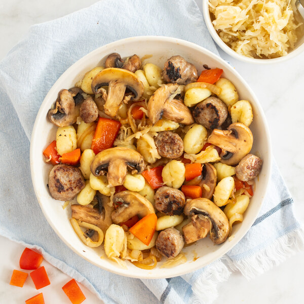 Pork Sausage-Gnocchi Skillet with Bell Pepper, Mushroom & Sauerkraut