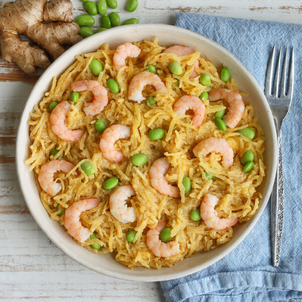 Creamy Sesame-Ginger Spaghetti Squash with Shrimp & Edamame