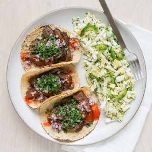 Flank Steak Street Tacos with Cilantro & Spicy Cabbage-Jalapeño Slaw