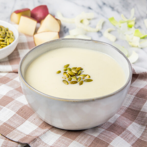 Cream of Fennel Soup with Potato, Leek, Celery & Pumpkin Seeds