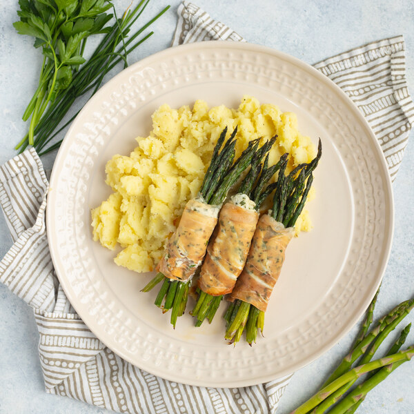 Prosciutto-Wrapped Asparagus with Herbed Cheese & Mashed Potatoes