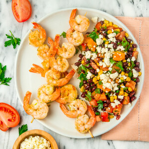 Grilled Lime Shrimp with Black Bean, Corn, Pepper, Tomato & Feta Salad