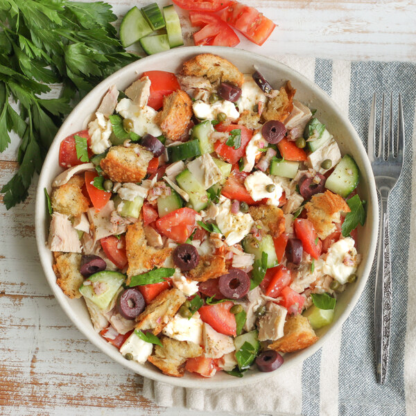 Bread Salad (Panzanella) with Tuna, Tomatoes, Mozzarella & Olives