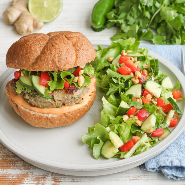 Thai Turkey Burger with Cucumber-Lettuce Salad, Spicy Mayo & Peanuts