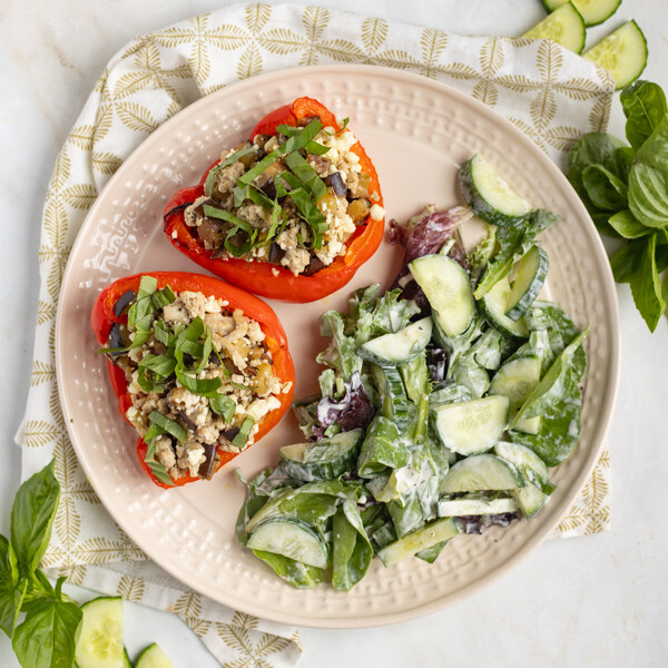Chicken, Eggplant & Feta Stuffed Peppers with Creamy Basil Salad