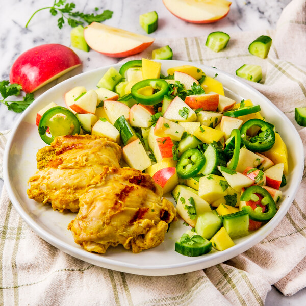 Grilled Curry Chicken with Spicy Apple, Mango & Cucumber Salad