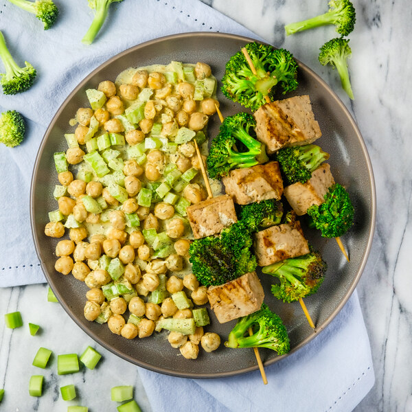Grilled Tofu & Broccoli Skewers with Creamy Chickpea Salad