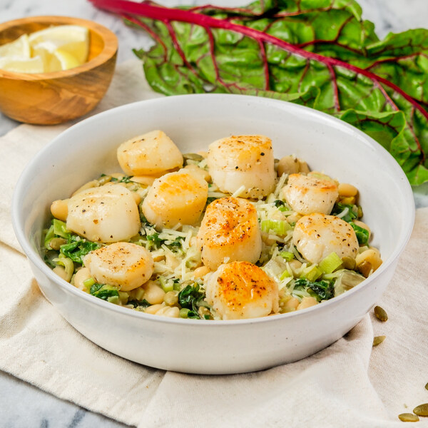 White Bean-Chard Sauté with Seared Scallops, Leeks, Lemon & Parmesan