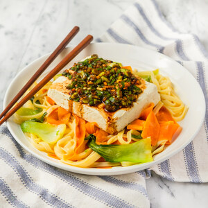 Poached Tofu with Scallion-Ginger Sauce, Noodles, Carrots & Bok Choy