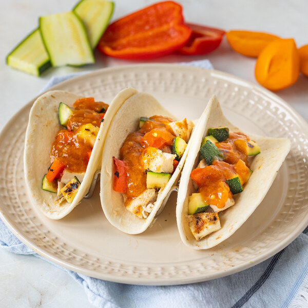 Grilled Chicken, Bell Pepper & Zucchini Tacos with Spicy Apricot Sauce