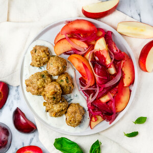 Sheet Pan Turkey Meatballs with Roasted Apples, Plums & Basil Yogurt