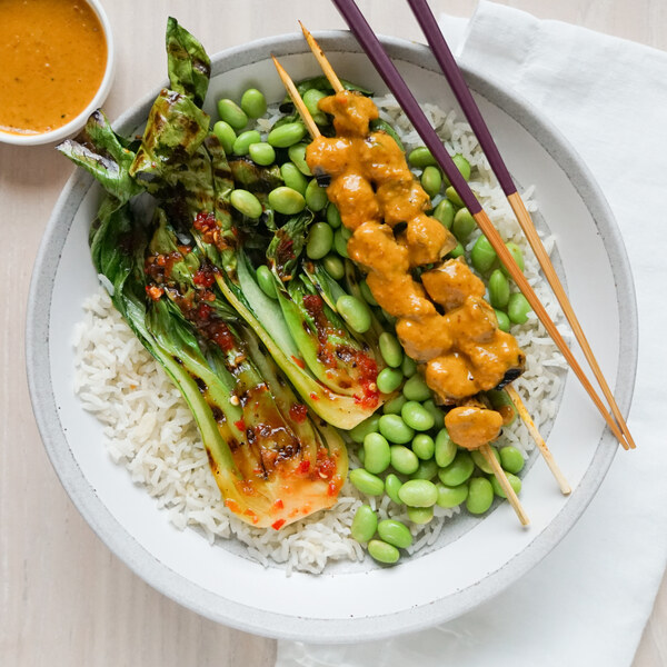 Grilled Portobello Peanut Satay with Bok Choy, Edamame & Coconut Rice