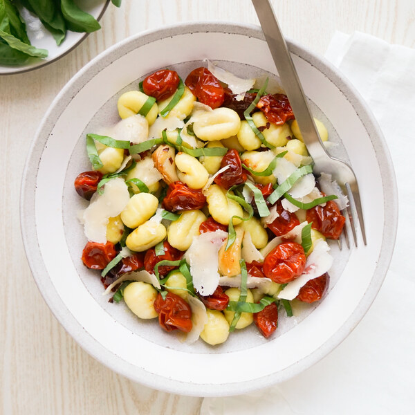 Gnocchi with Roasted Grape Tomatoes, Basil, Parmesan & Balsamic