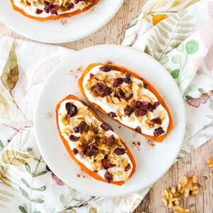 Sweet Potato "Toasts" with Yogurt, Walnuts & Dried Cranberries