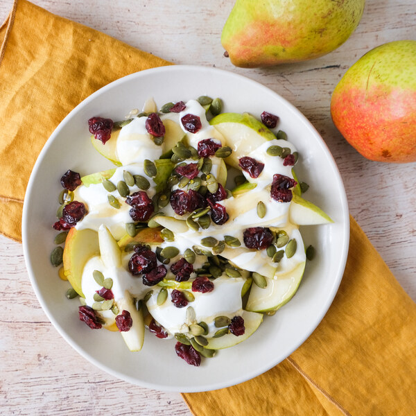Pear "Nachos" with Greek Yogurt, Pumpkin Seeds, Cranberries & Honey